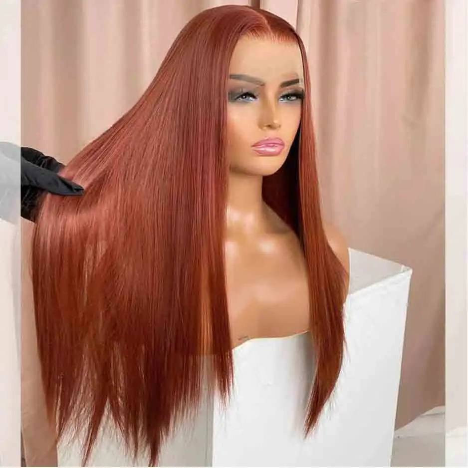 Natural Hairline 28inch Long 180 Density Soft Orange Brown Glueless Silky Straight Lace Front Wig For Black Women BabyHair Daily