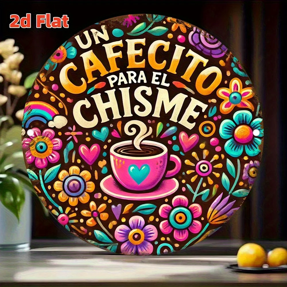 2D Flat - 1pc 2D Flat Retro Metal Wall Art Sign | Vibrant Floral Coffee Cup Design With Spanish Phrase 