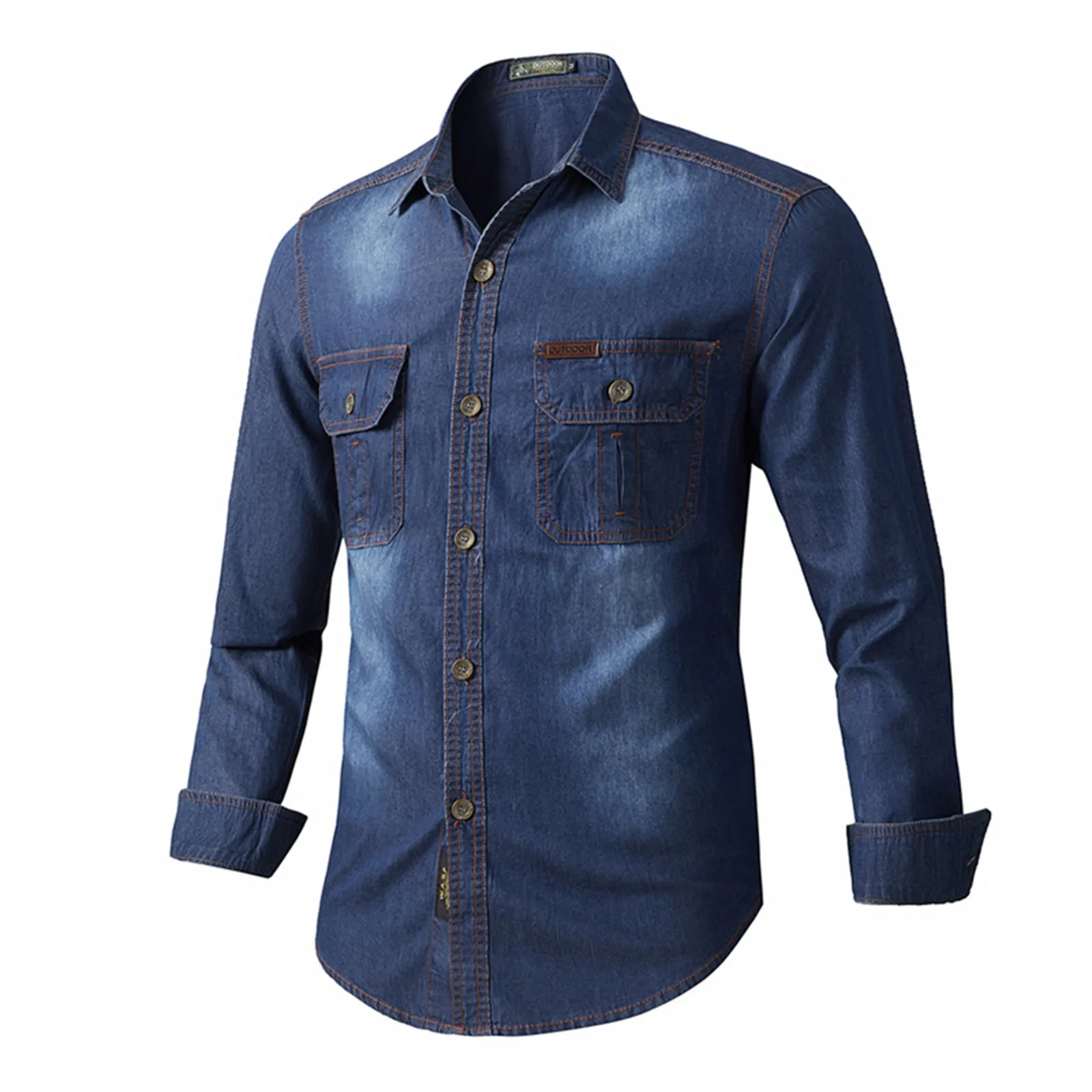 Kemeja Ramping Kasual Denim Pria Kemeja Perkakas Multi-saku Biru Muda Katun Pria Kemeja Lengan Panjang Besar Pria Berkualitas Ukuran 3XL