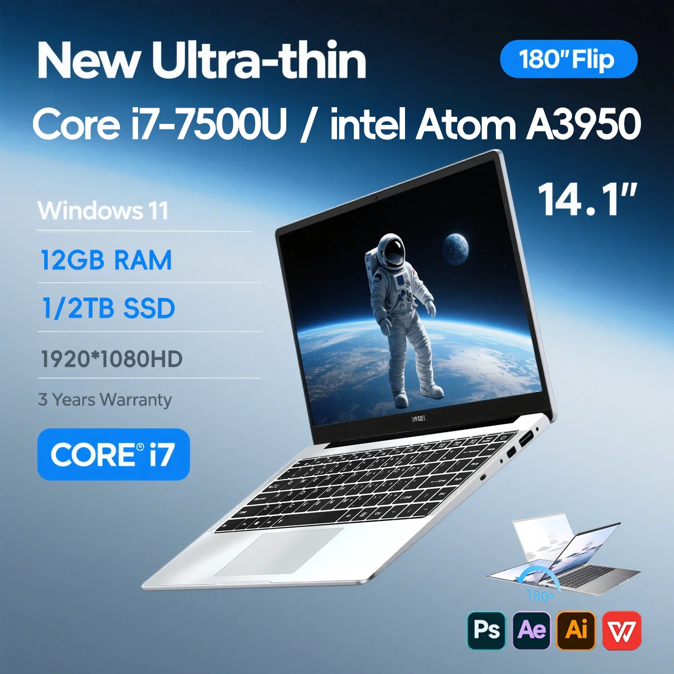 

Офисный ноутбук 2025 года, Windows 11 Intel i7-7500U/Intel Atom x7 A395014.1 дюйма, ноутбук 4K HD, 12 ГБ ОЗУ 1/2TBSSD