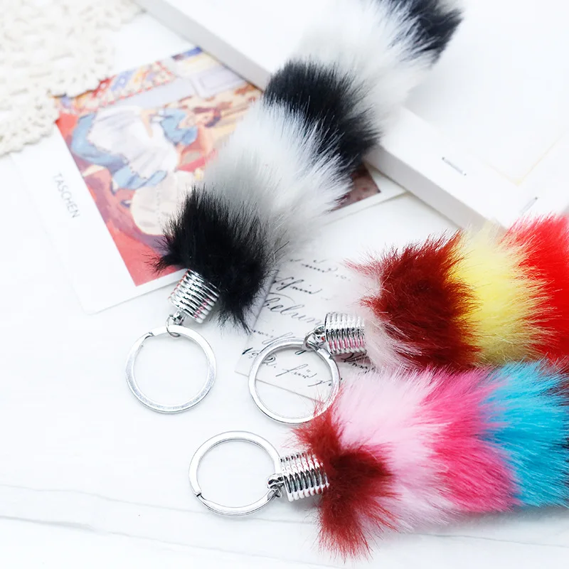 التدرج اللون رقيق الفراء الذيل المفاتيح الكريات شرابة حقيبة قلادة النساء الفتيات لطيف أفخم الحيوان الذيل Keyrings حامل السحر Gif