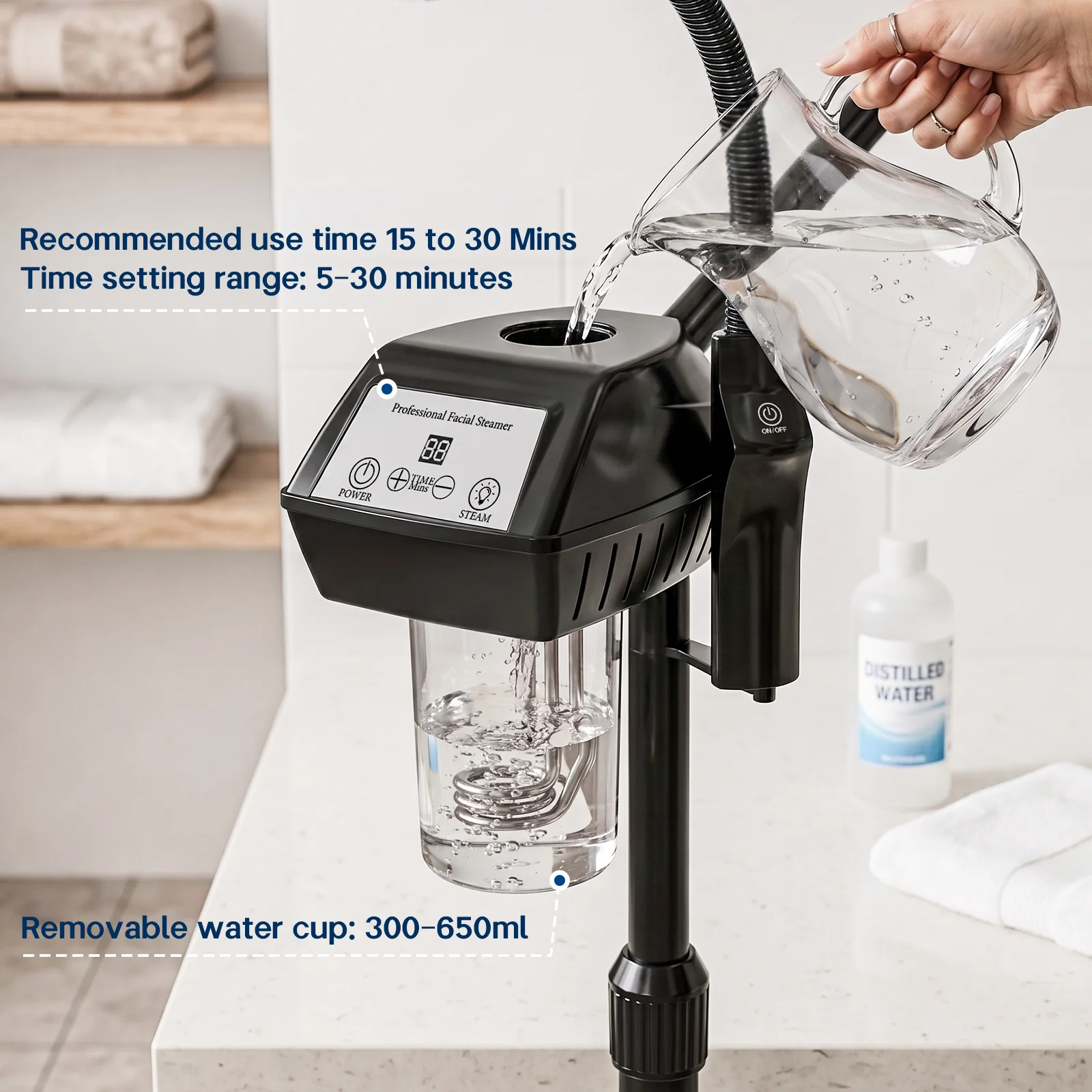 Standing Nano‑Ionic Facial Steamer, 5X LED Magnifying Lamp, Timing & Height Adjustable, for Salon Home Facial Hair Care