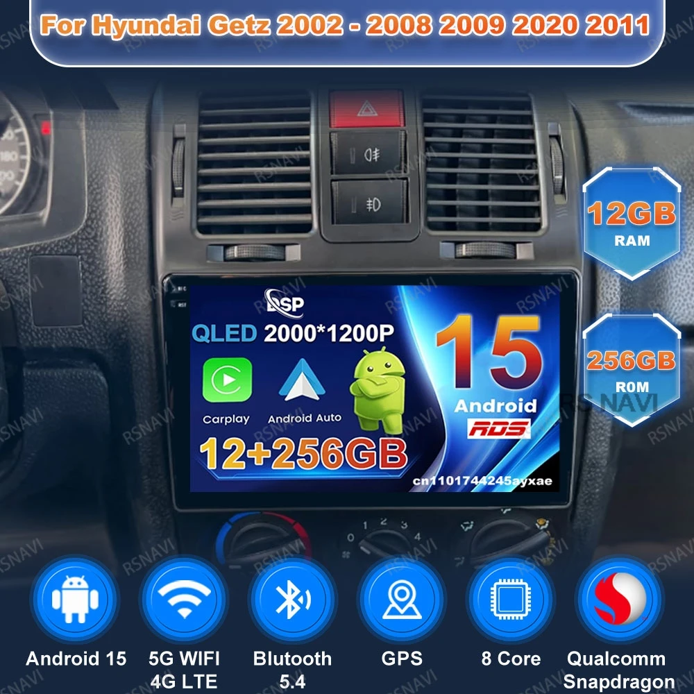 Android 15 Car Radio For Hyundai Getz 2002 - 2008 2009 2020 2011 Viedo Player Head Unit DVD Wireless Carplay Auto 4G LTE BT DSP