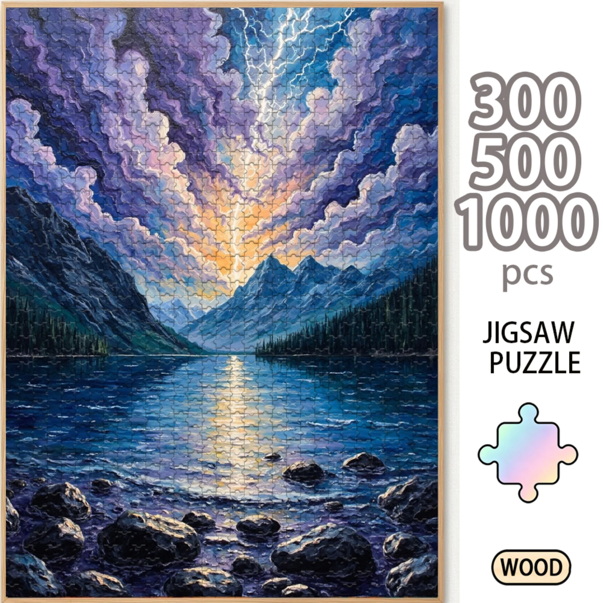Dramatic Lightning Mountain Lake Wooden Jigsaw Puzzle 300/500/1000 Piece Stormy Sky Landscape Oil Painting Art Board Assembly Decor Gift for Adults