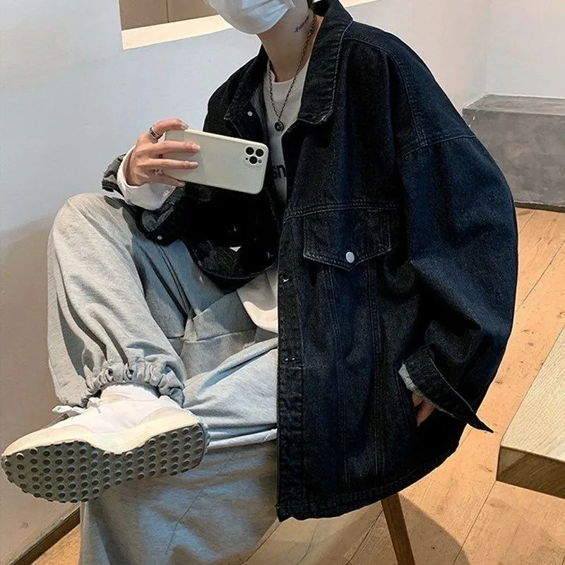 

Свободная мужская джинсовая куртка с лацканами, брендовая модная оригинальная винтажная быстрая доставка, размер L, высокое качество, эстетические мужские джинсовые пальто Y2k