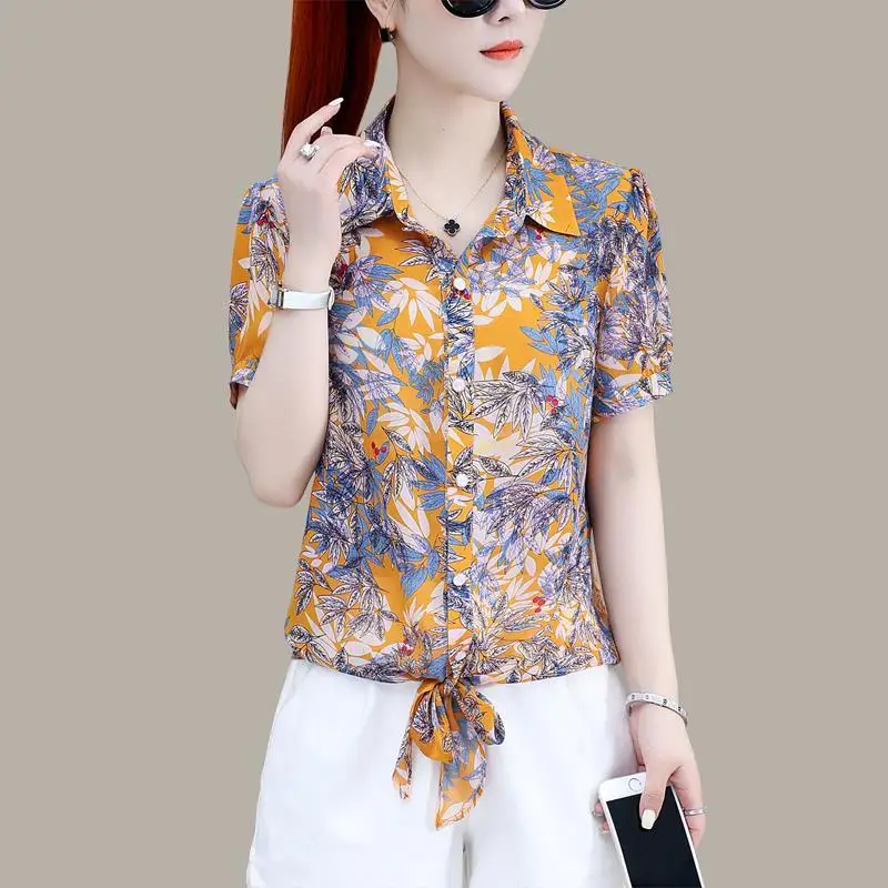 Stylish Bandage Bow Shirt Vintage Broken Flowers Printed Summer Turn-down Collar Female Clothing Single-breasted Straight Blouse