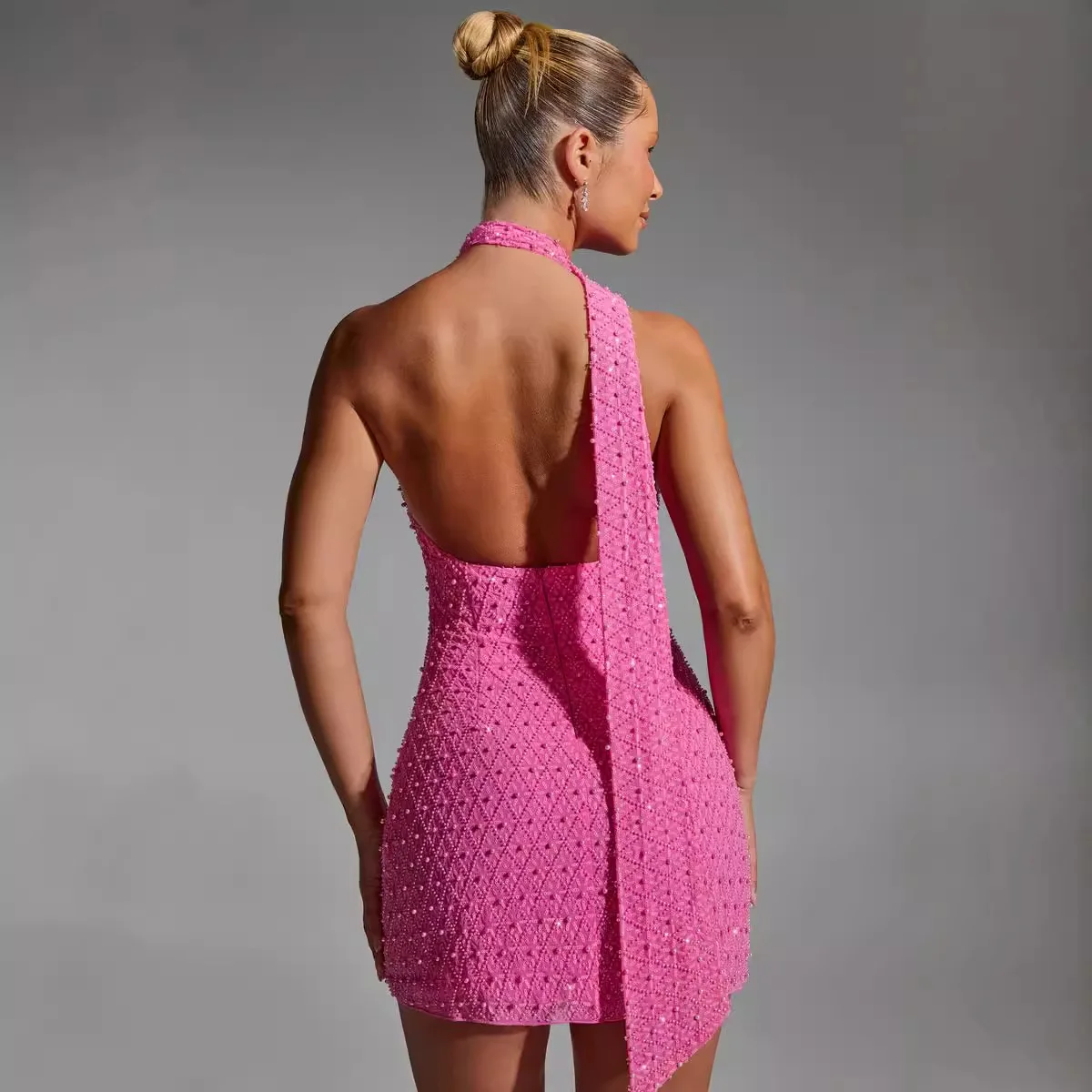 2024 New Fashion European and American Style Women's Clothing Sequin Bead Low Cut Halter Backless Hip Skirt Dress Women