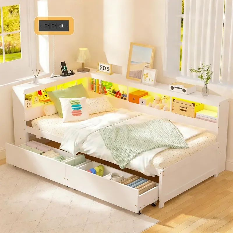 Twin Corner Bed Frame with Storage Solid Wood Platform Daybed Twin Size with Drawers Bookcase Charging Station LED Lights f