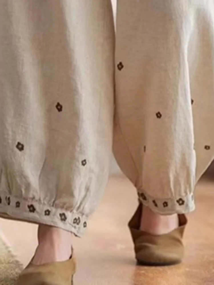 الرجعية المطرزة القطن الكتان بنطال ذو قصة أرجل واسعة النساء الربيع الصيف حزام خصر مرن عادية مستقيم أنبوب فانوس السراويل #4