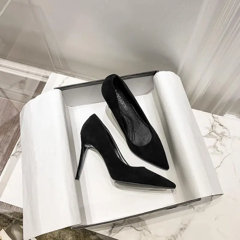 

Elegant Velvet High Heels Wine Cup Heel Pointed Toe Thin Heel Black Women's Adult Ceremony Professional Large Size Single Shoes