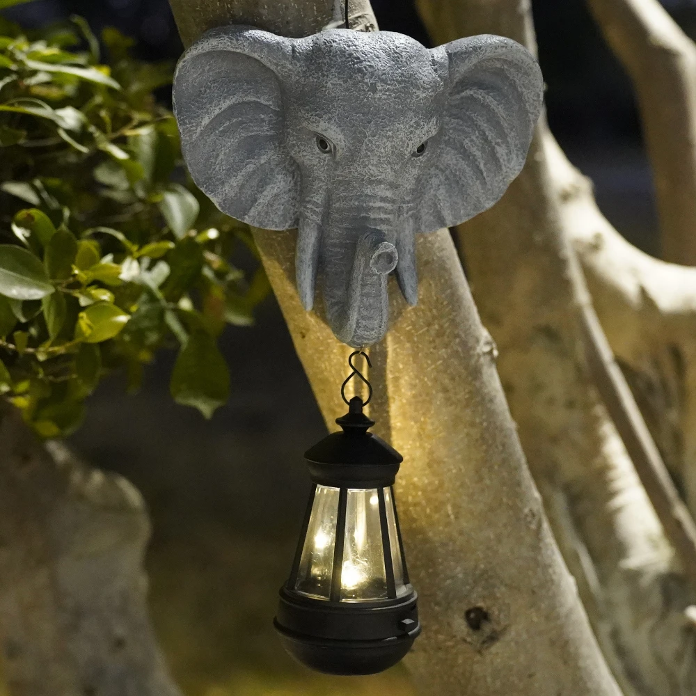 Solar Powered Garden Resin Elephant Wall Mounted Sculpture Outdoor Balcony Decoration Hanging Lamp Ornament