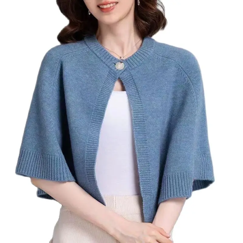 

Fashion Short Knitted Cardigan Sweater Shawl Jacket Bat Shirt Cape Coat Women's New 2024 Autumn Winter Knitwear Full Match