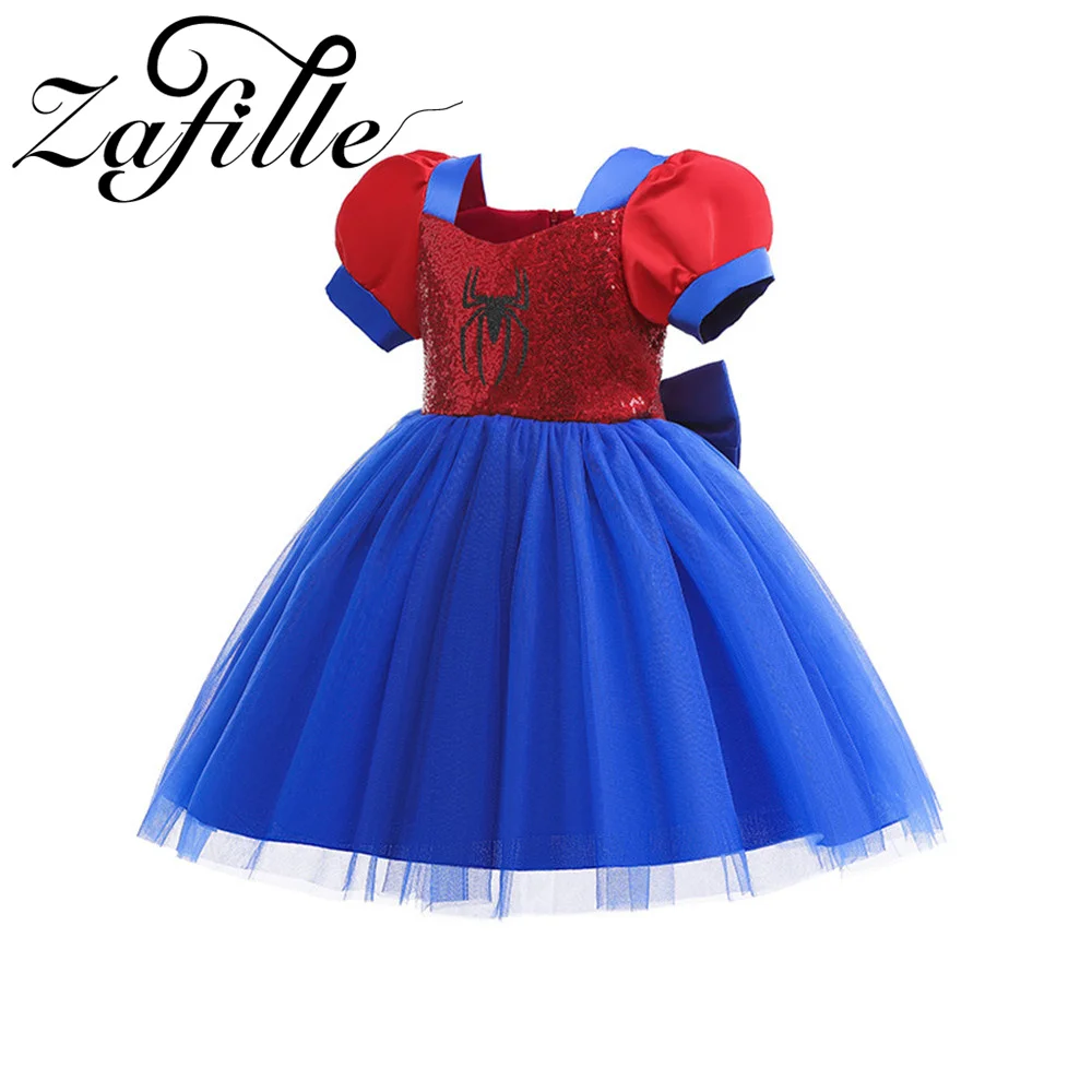 ZAFILLE Princess Kids Girls Dress Sequin Spider Baby Clothes Lantern Sleeve Girls Christmas Dresses Patchwork Children Mesh Suit