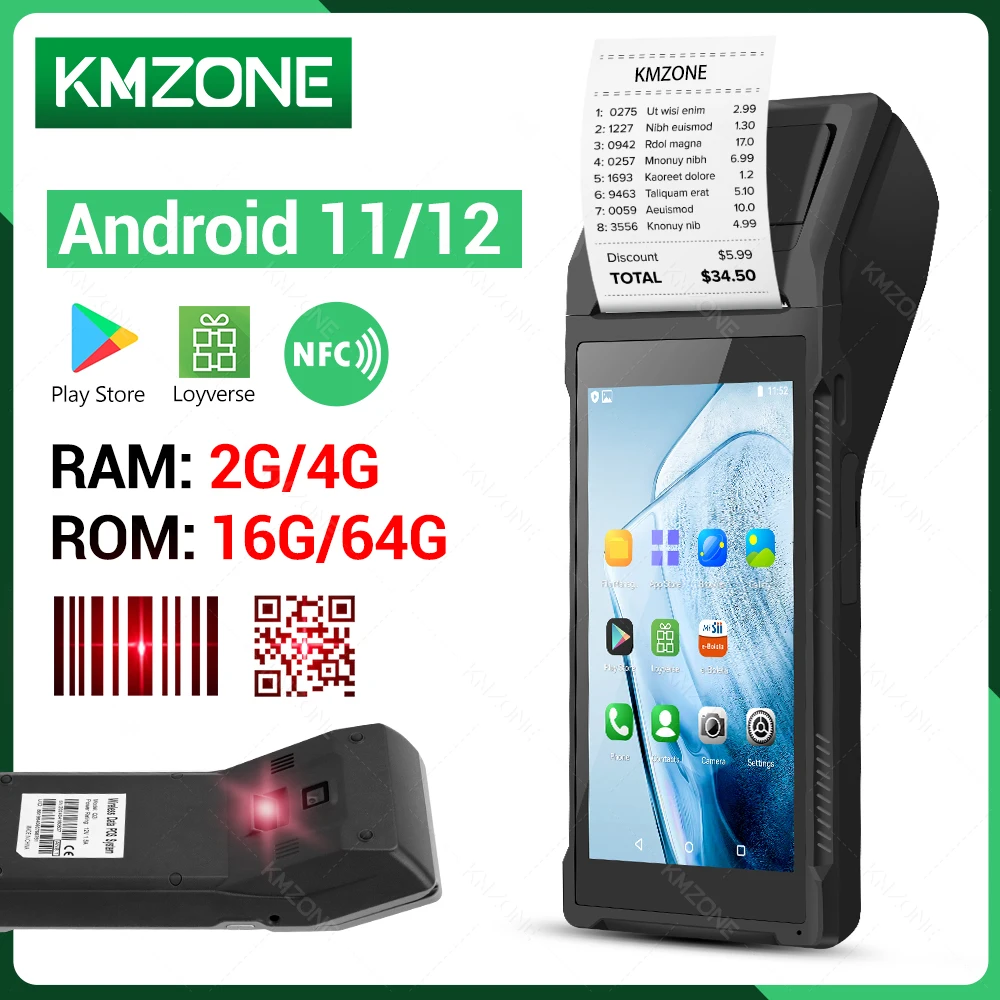 Terminal POS Android 11/12 com Leitor de Código de Barras 2D, NFC, Impressora de Recibos de 58mm, Sistema de Ponto de Venda Portátil Tudo em Um 4G64G