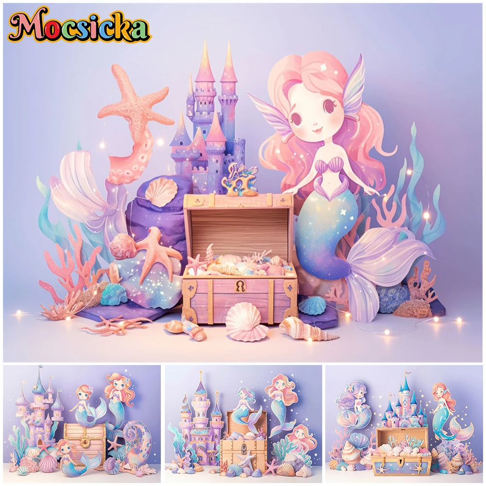 

Mocsicka Mermaid Backdrop Purple Underwater Castle Starfish Shell Birthday Party Supplies Decorations Princess Background Studio