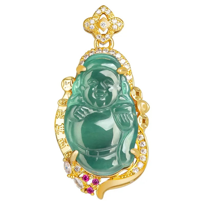 

Blue Jadeite God of Wealth Pendant Jewelry 18K Gold Plated Natural Necklace Designer Gift Choker Vintage Real Burmese Jade