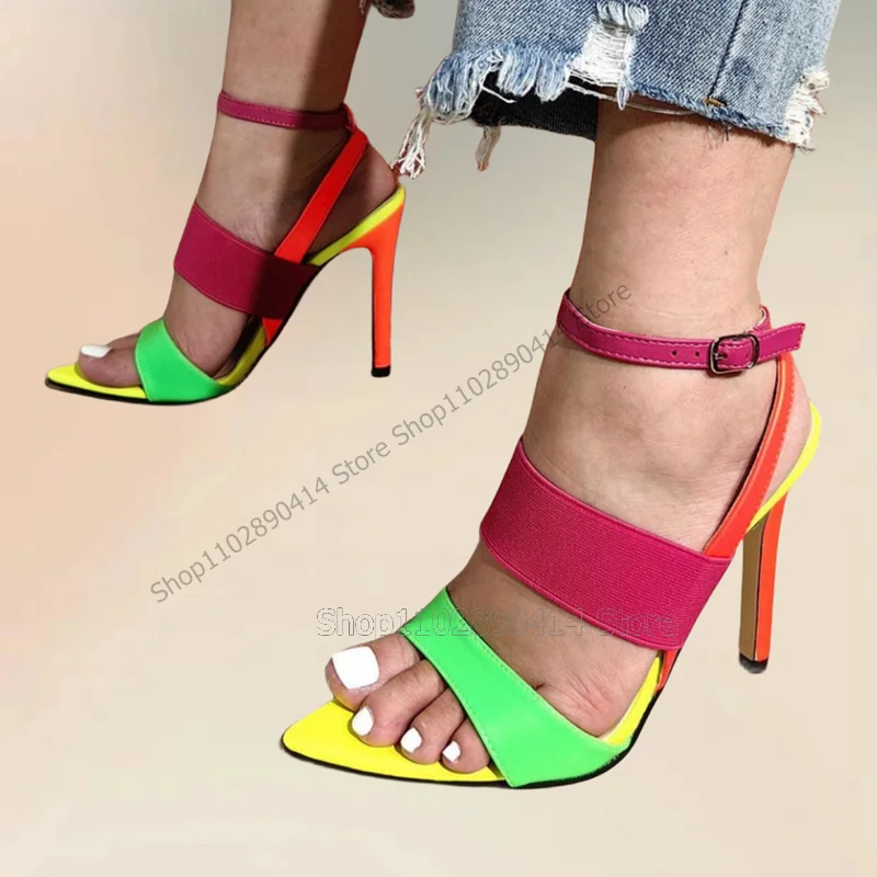 

Mixed Color Hollow Design Open Toe Sandals Ankle Buckle Strap Women Shoes Thin High Heels Novel Summer 2023 Zapatos Para Mujere