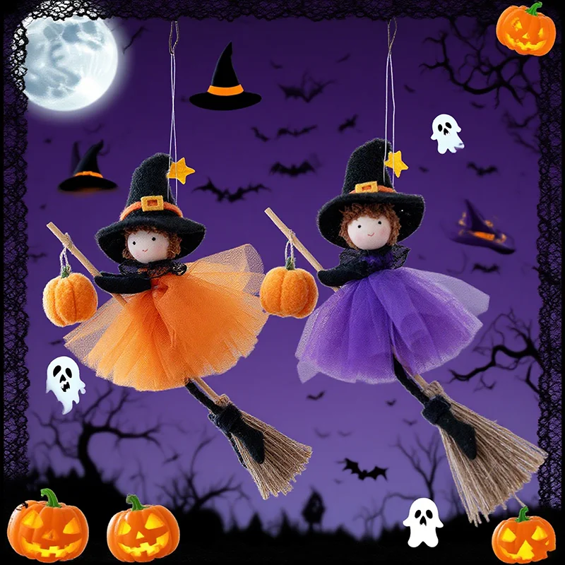 

Halloween Broom Girl Angel Hanging Ornaments Pumpkin Doll Figurines for Christmas Tree Scary Witch Festival Party Accessories