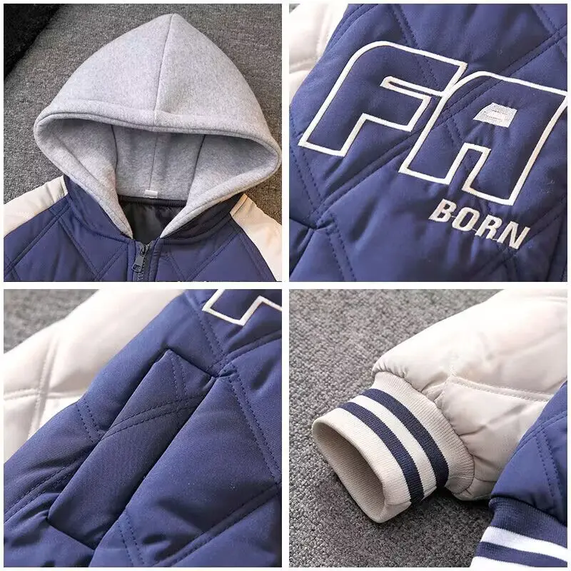 Boys Striped Cotton Jacket 2024 Autumn Winter Plus Cotton Thick Baseball Jacket Hooded Cotton Coat Winter Clothing for Children