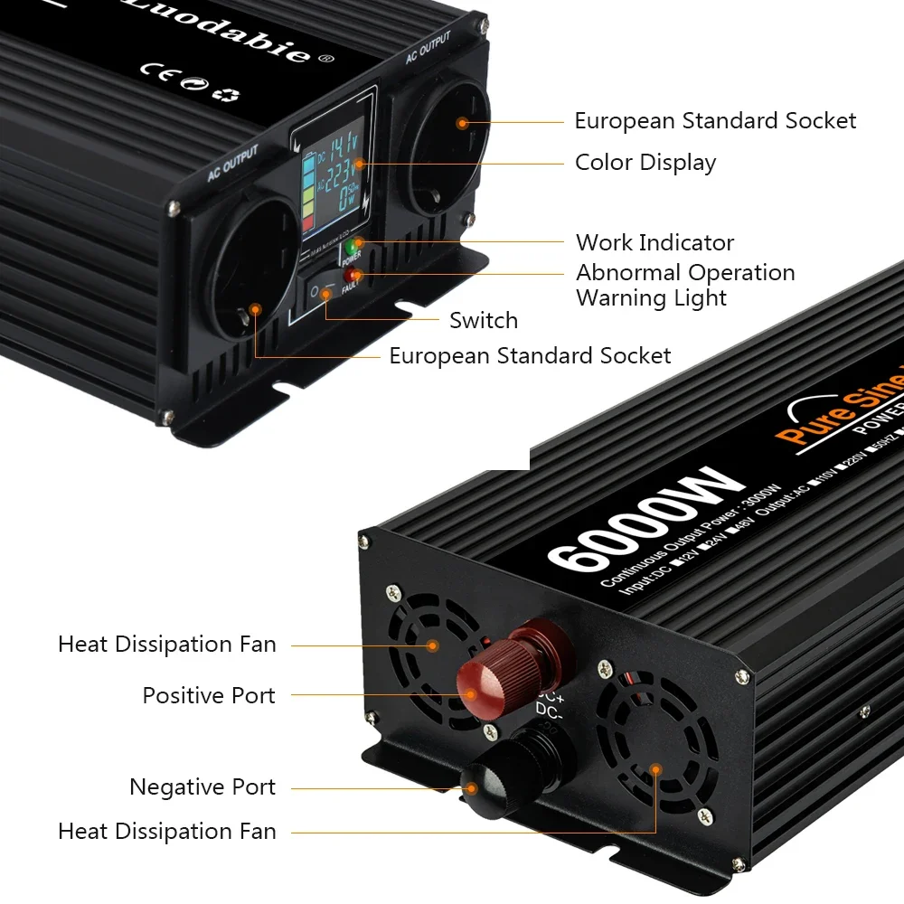 RDDSPON  -inversores de onda sinusoidal pura, convertidores de voltaje, enchufe doble europeo, cc 12V, 24V, 48V a CA 110V, 220V, 50Hz, 60Hz, 4000W