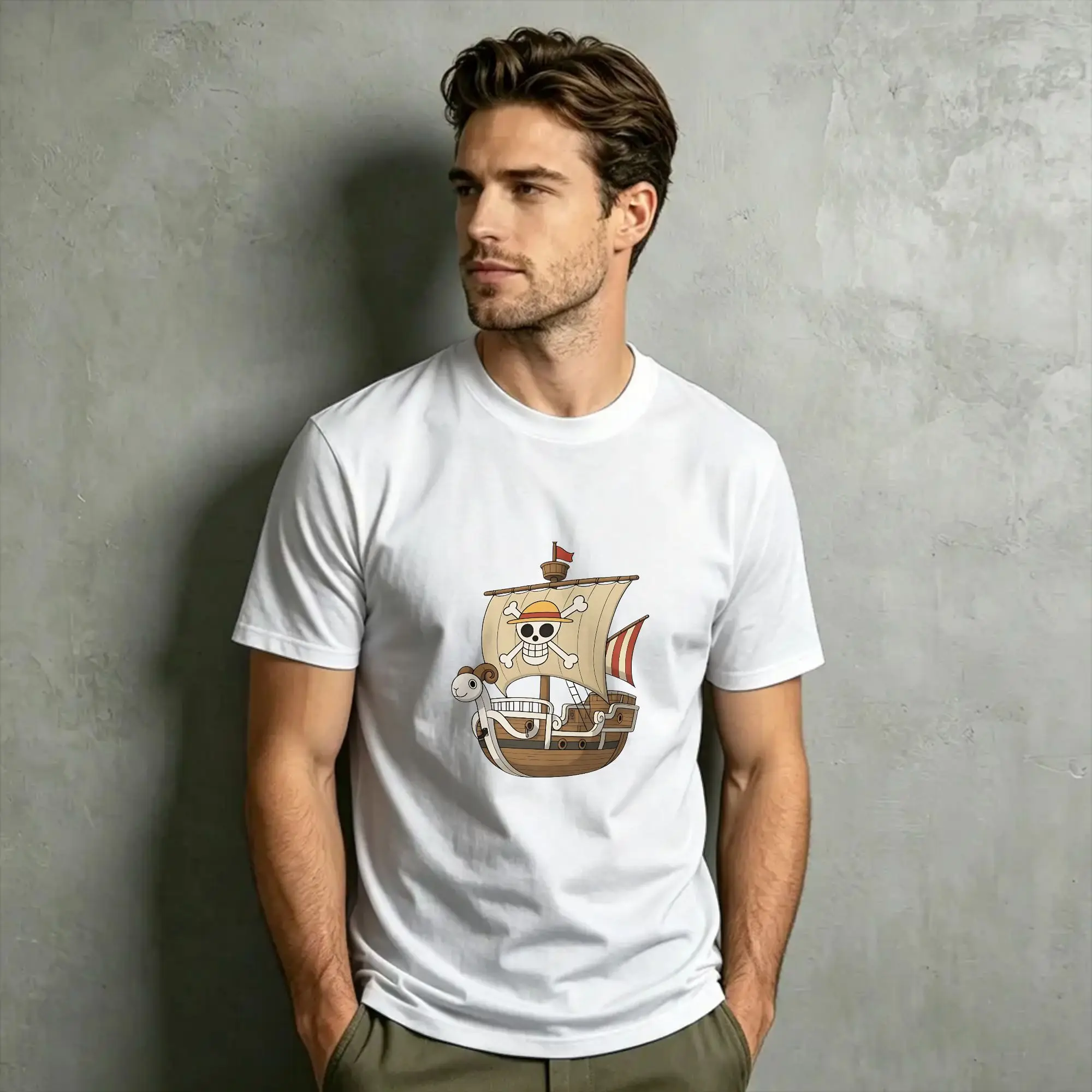 Ones Japanese Anime P-Pieces Luffy T-Shirt for Men ship Creative Pure Cotton Tee Shirt Crew Neck Short Sleeve  Summer Clothing