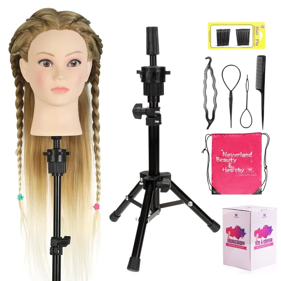 

2628 Mannequin Head with Hair and Tripod Stand for Cosmetology Training Realistic Doll Head for Hair Styling Braiding Practice