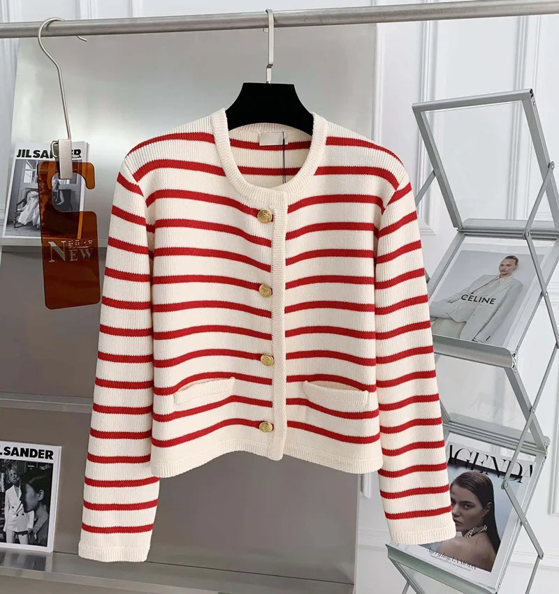 Gold Button Contrast Stripe Long Sleeve Top Small Fragrant Knitted Cardigan Sueter Womens Clothing Spring Autumn Sweater Coat
