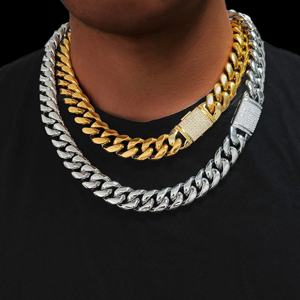 18Mm 5A CZ Iced Out Lock Miami Stainless Steel Thick Heavy Cuban Link Chain Punk For Men Hip Hop Jewelry Free Custom Logo