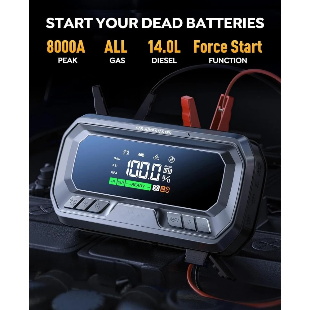 

12 in 1 Portable Car Jump Starter with Air Compressor 8000A 160PSI for All Gas and 14L Diesel Engines