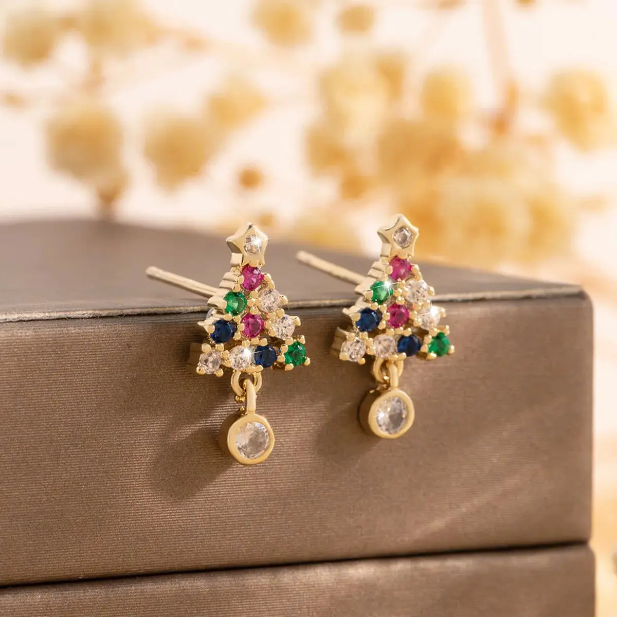 Exquisite Christmas Tree Shaped Earrings for Women with Micro Inlay Colorful Shining Fashion Jewelry Holiday Gift