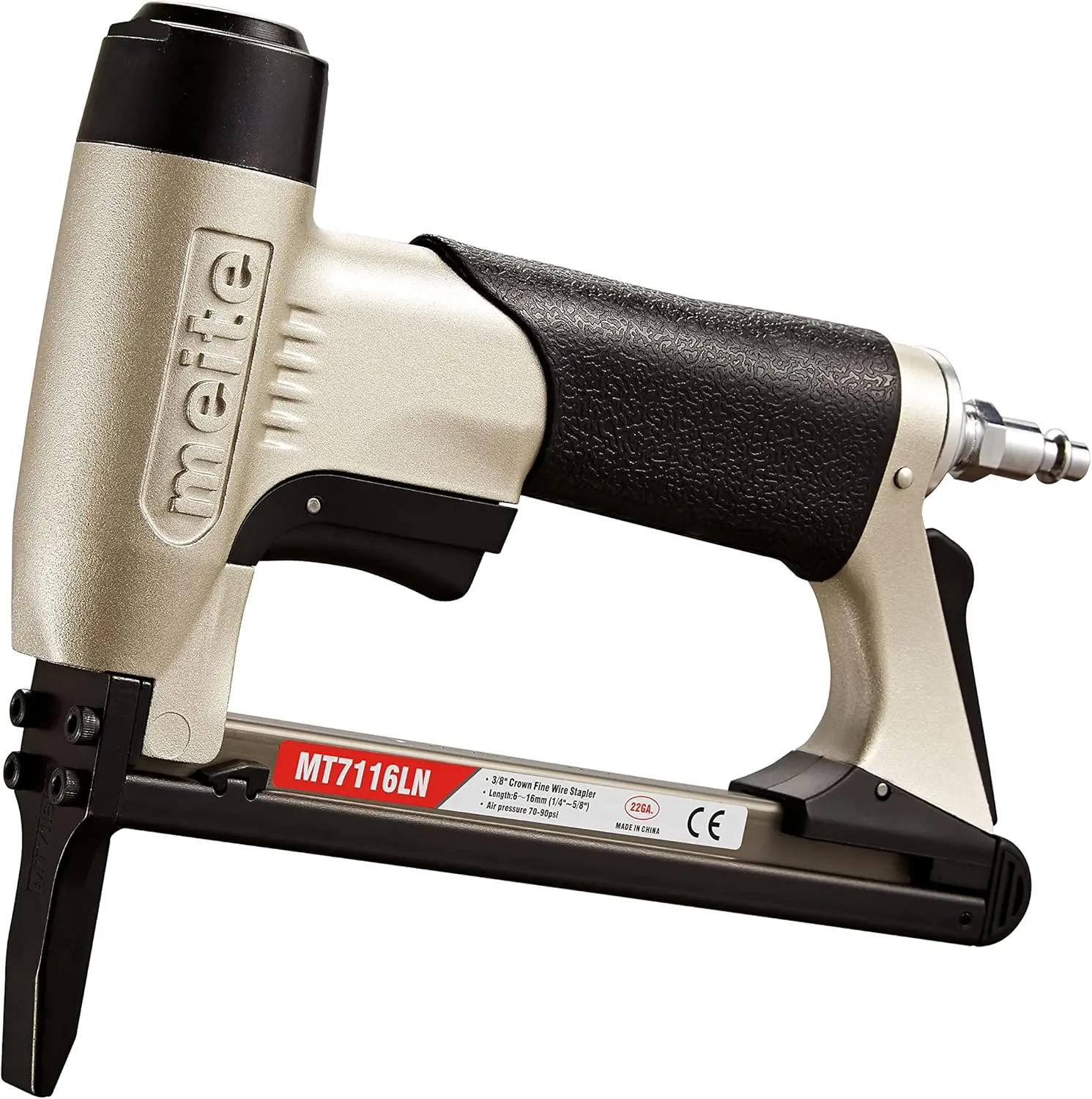 

MT7116LN Pneumatic Upholstery Stapler, 22 Gauge, 71 Series, 3/8" Crown, Adjustable Length from 1/4" to 5/8", Long Nose Design