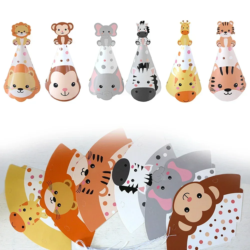 

6pcs Cartoon Animal Paper Cap Hats For Kids Jungle Safari Animal Birthday Party Decorations Birthday Baby Supplies