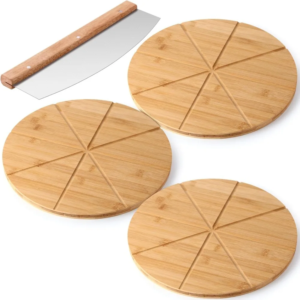 

4 Pizza Cutter and Round Dinner Plate Gift Set Includes 3 Packs of 13.5 Inch Bamboo Pizza Plates with 6 Slots and 1 Pizza Cutter