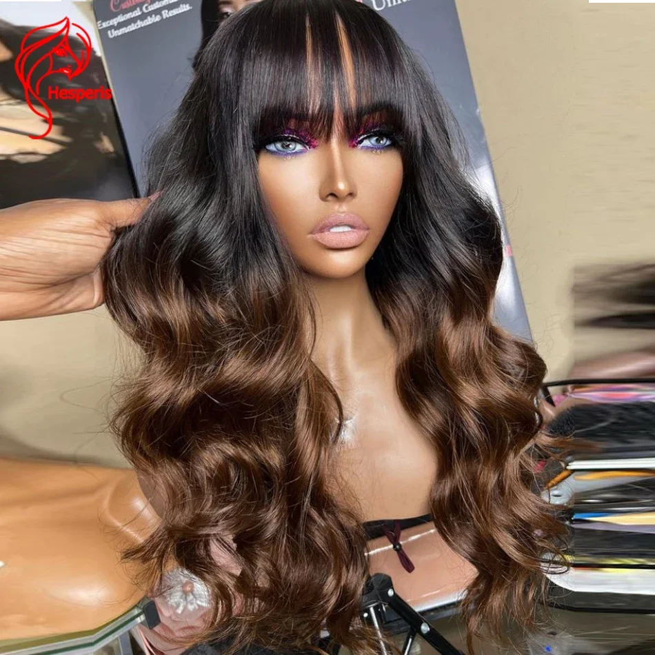 

Hesperis Ombre Human Hair Wig With Bangs Remy Brazilian Hair Body Wave Full Machine Made Wigs For Black Women 200 Density