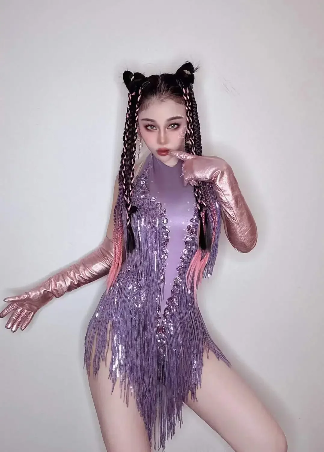 Sparkly Sexy Performance Queen Bodys Strass Damen Nachtclub Outfit mit Quaste Trikot Sänger Tänzer Kostüm Bühnenkleidung