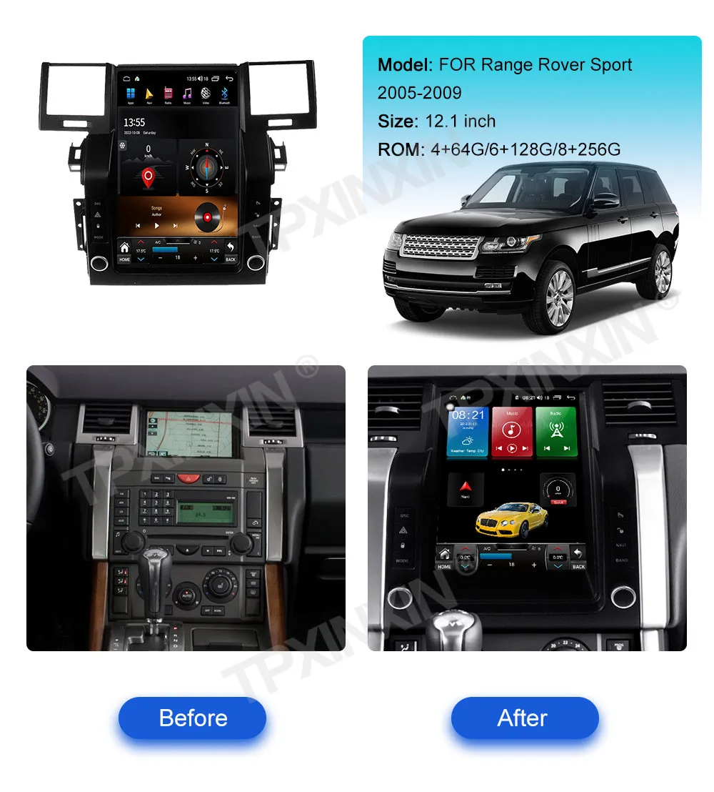 12.1“ Tesla Screen Android 13 Car Radio For Range Rover Sport 2005 - 2009 Multimedia AutoRadio Player Navigation Stereo GPS