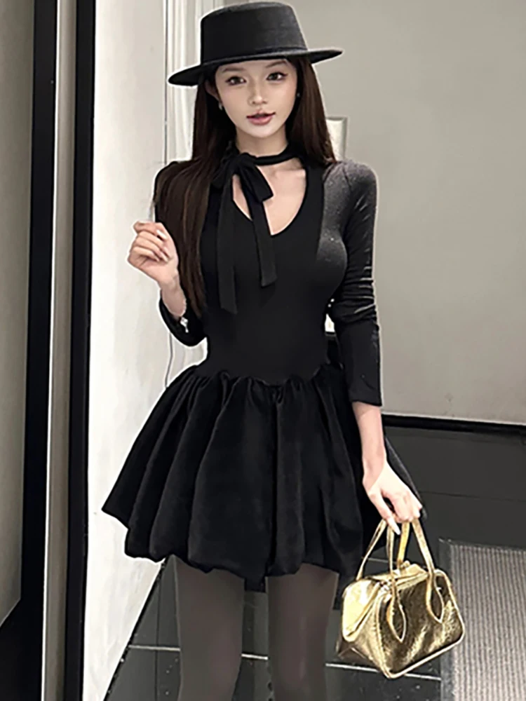 2025 Black Long Sleeve Bow V-Neck Sexy Mini Dress Women Knitted Patchwork Ruffled Prom Dress Autumn Winter Korean Bodycon Dress