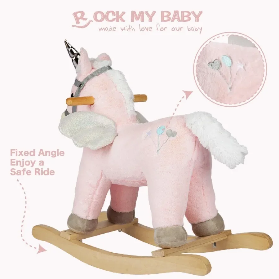 ม้าโยกยูนิคอร์นสีชมพู ตุ๊กตาม้าโยกมีเสียงสมจริง สำหรับเด็กวัยหัดเดิน 18 เดือนขึ้นไป ได้รับการรับรอง CPC