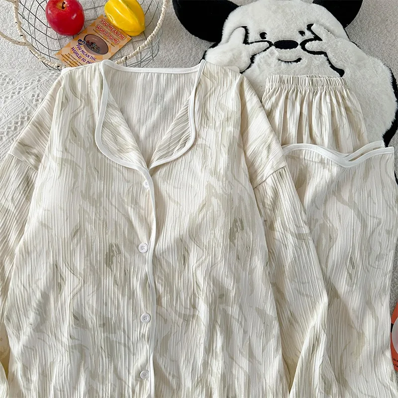 

Fashion Striped Spring/Autumn Women Elegant Pyjama Set Sweet Cute Y2K Casual Cardigan Two-Piece Set V-Neck Built-in Bra Homewear