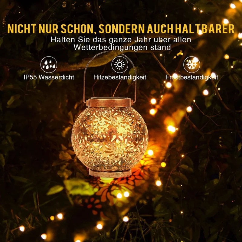 屋外用防水ソーラーランタン、暖かい白いランタン、庭の装飾の吊り下げ、ip55、2パック