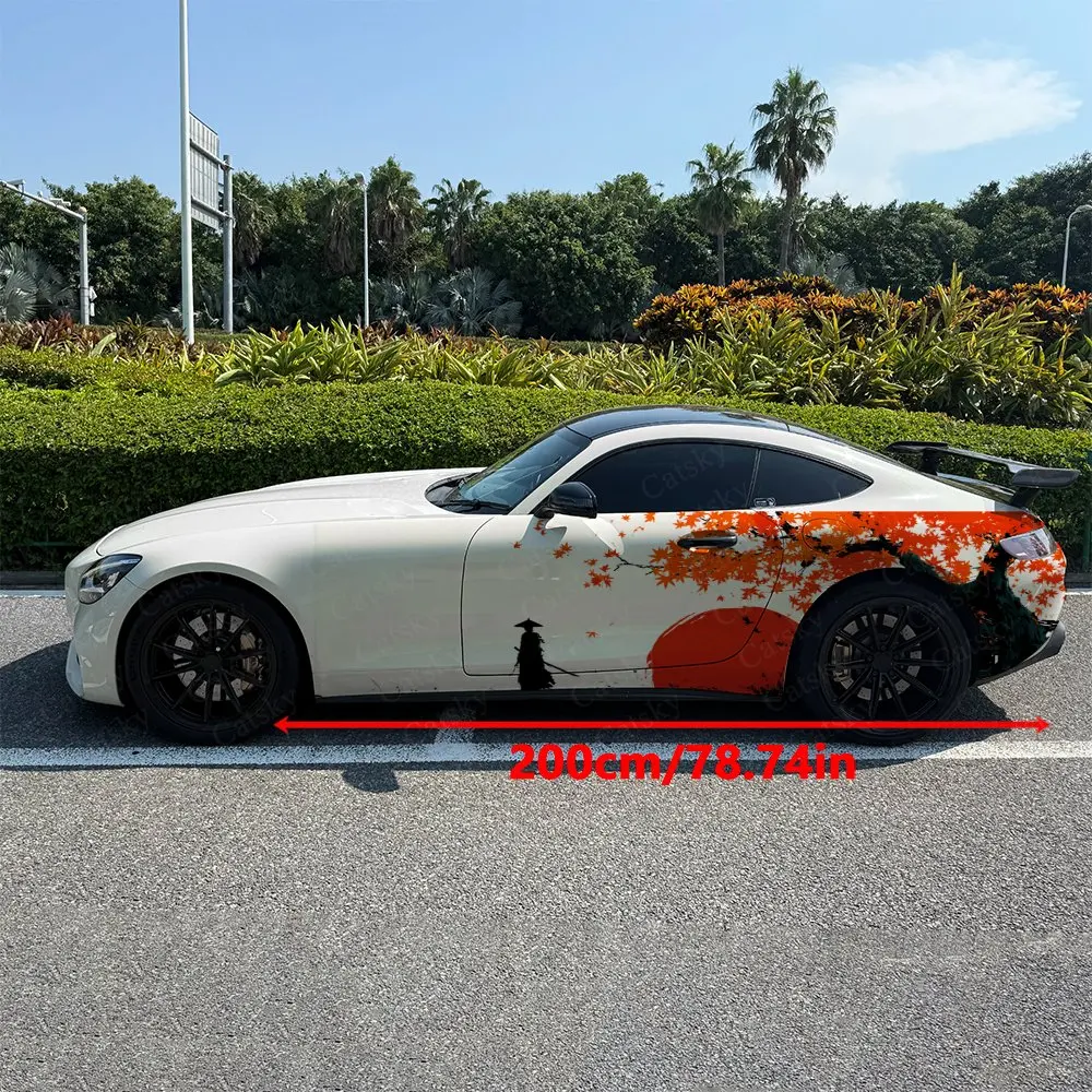 2pcs Samurai & Maple Leaf Car Side Wraps, Self-Adhesive PVC Waterproof & Scratch-Resistant Stickers, Car Accessory Gift