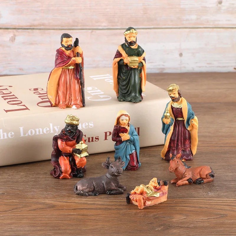 

8-Piece Jesus Birth Resin Ornaments Set Religious Christmas Craft Horse Trough Group Decorations for Holiday Display