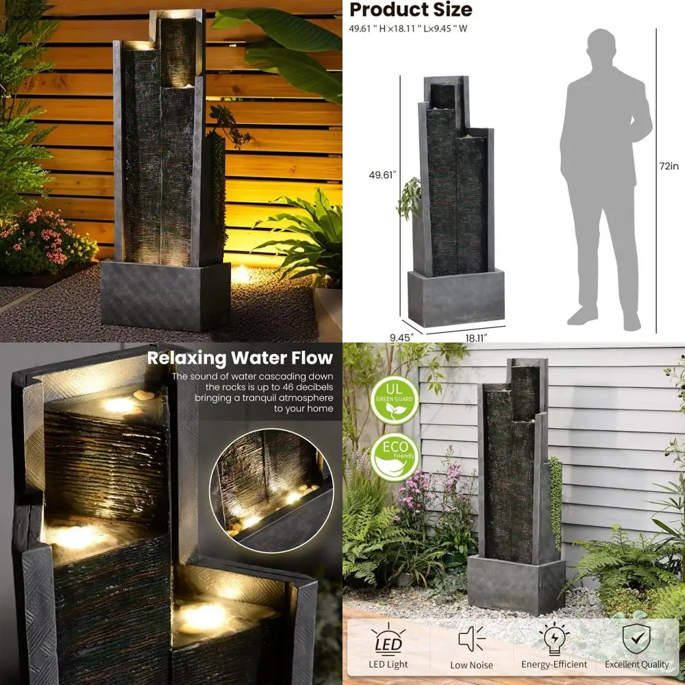 

Modern Outdoor Indoor Tall Floor Standing Water Fountain with Cascading Effect and Lights for Garden, 49.6" High