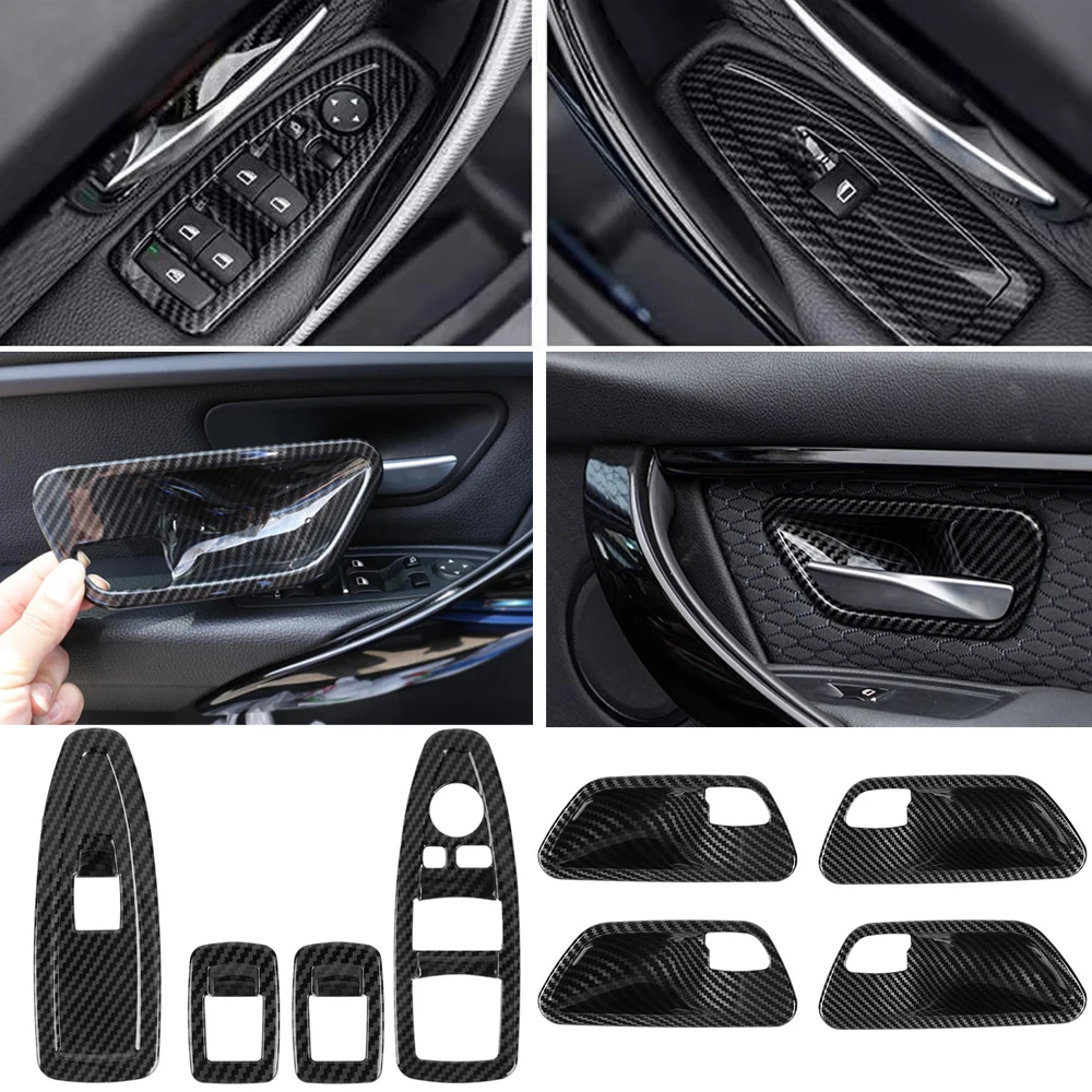 For BMW 3 Series 2014-2019 Carbon Fiber Car Window Lift Control Panel Cover and Door Handle Bowl Decorative ABS Interior Trim