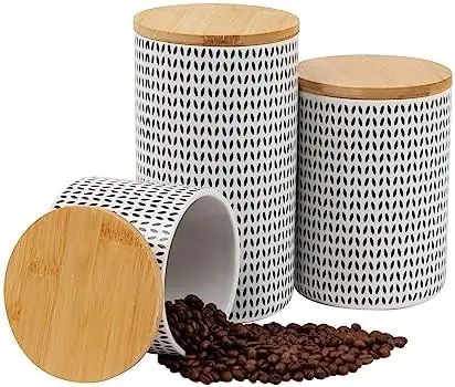 

Mind Reader 3-Piece Ceramic Canister Set, Airtight Kitchen Storage for Sugar & Coffee, Black & White Design