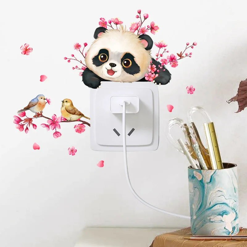 Desenhos animados Branch Plum Blossom e Panda Switch Wall Sticker, Decoração do fundo do quarto, Antifouling adesivo removível, quarto de crianças