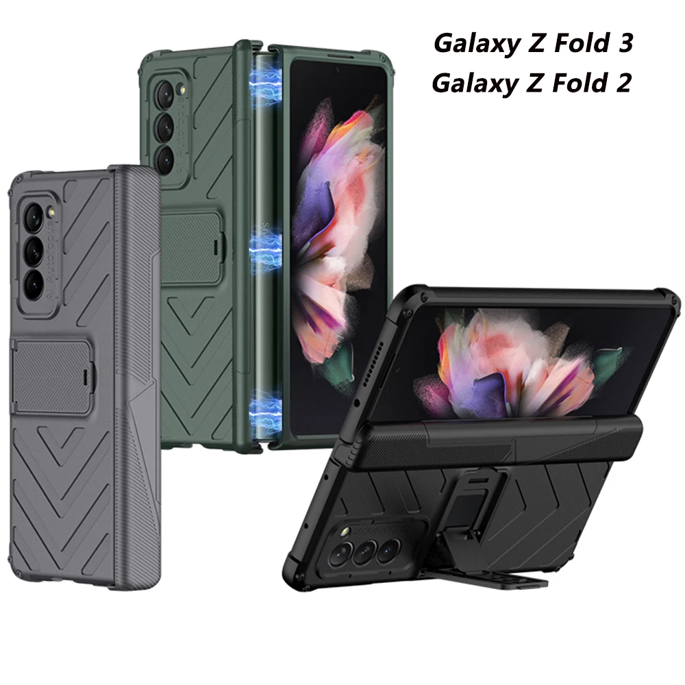 Shockproof Hard Armor Case for Samsung Galaxy Z Fold 3 2 5G Phone Case Magnetic Fold Hinge Adjustable Bracket Stand Case funda