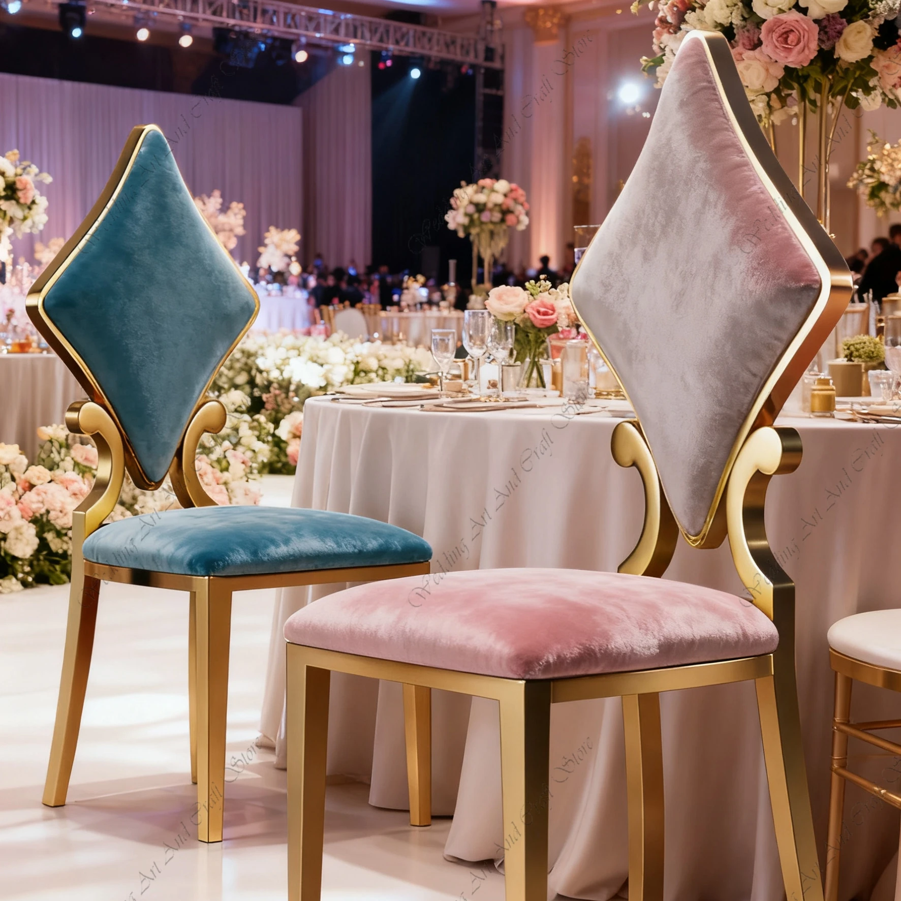36pcs f30 Luxury  Gold Stainless Steel Poker Diamond Shape Backrest Banquet Chair for Wedding Event Decoration Backdrop ivy381