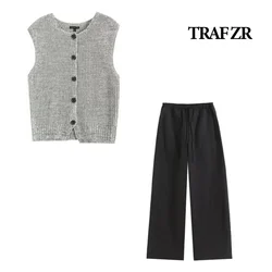 TRAF ZR Basics Sets for Women 2 Pieces Fashion Vest Wide Pants Set Vacation Outfits Woman 2024 Elegant Casual Women's Set