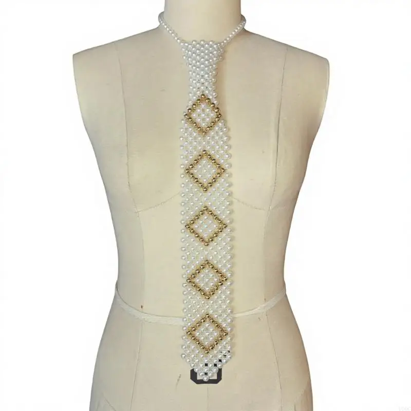 Stylish Checkered Bows Tie With Faux Pearls Beads Geometric Pattern Necktie Unisex Dressing Up Accessory For Prom Event Y166